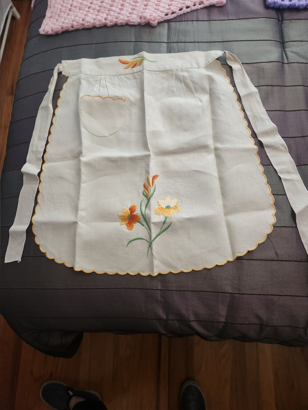 Hand Crafted White Apron with Yellow Floral Embroidery